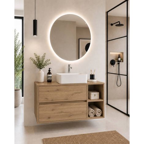 Mobile bagno con top in legno e lavabo da appoggio ORIGENBATH ZEUS senza specchio 120x45 cm 1 vasca Destra Estepa