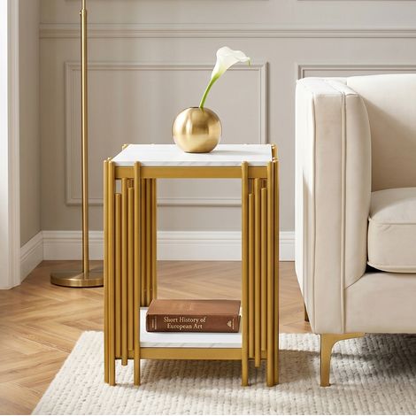 Comodino 43x40x54,7 cm bianco e oro, 2 ripiani, effetto marmo, metallo e MDF MEUBLIV (1/5)