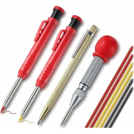 Set aus 2 Zimmermannsbleistiften für Bauarbeiten mit 6 Minen, Hartmetall-Markierwerkzeug und automatischem Zentrierwerkzeug für Architektur- und Zimmererarbeiten (1/5)