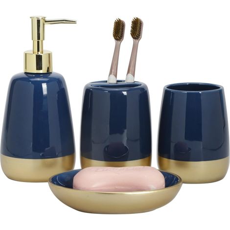 1 - Ensemble accessoires salle de bain - Céramique - Distributeur savon Porte-brosse à dents Gobelet Porte-savon - Décoration intérieure moderne - Bleu marine et Or - 20x15x10cm