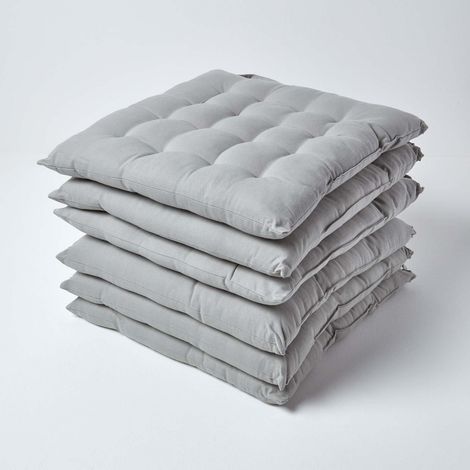 HOMESCAPES Grey Plain Seat Pad with Straps 100% Cotton 40 x 40 cm, Set of 6