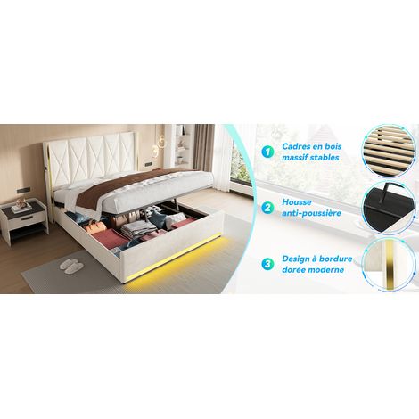 Cama canapé 180x200 cm de terciopelo beige con USB y elevación hidráulica - MEUBLIV (1/5)