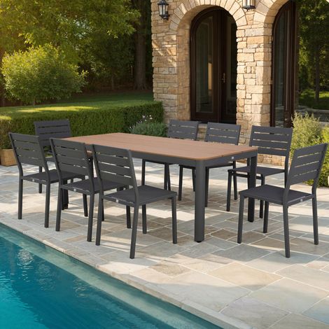 Ensemble table de jardin 200x90x75cm + 8 chaises gris- MIMIZAN