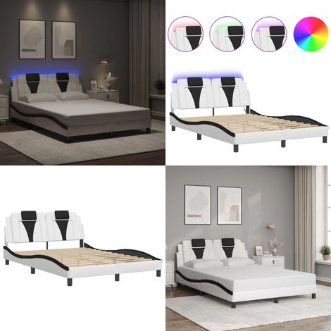 Bettgestell mit LED Weiß und Schwarz 140x200 cm Kunstleder - Bettstellengestell - Schlafzimmermöbel - Doppelbett - Lederbettwäsche - LED Beleuchtung - Home & Living
