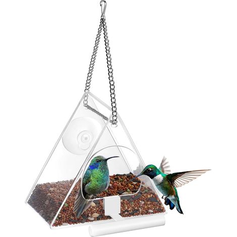 2 comederos para pájaros con potente ventosa, sin necesidad de taladrar, colgantes, para observar aves de cerca, para uso en exteriores en ventanas, balcones y apartamentos (triangular, transparente). (1/5)
