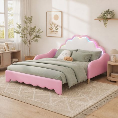 MEUBLIV Lit 140x200 cm rose – tête de lit LED, convertible en banquette, sans matelas (1/5)