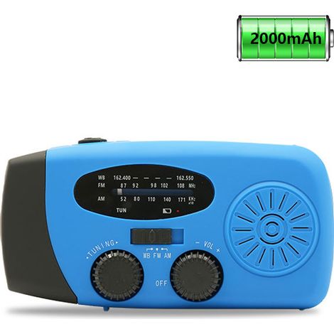Radio d'urgence avec panneau solaire, manivelle, indicateur météo avec lampe torche LED, chargeur de téléphone portable, version européenne.
