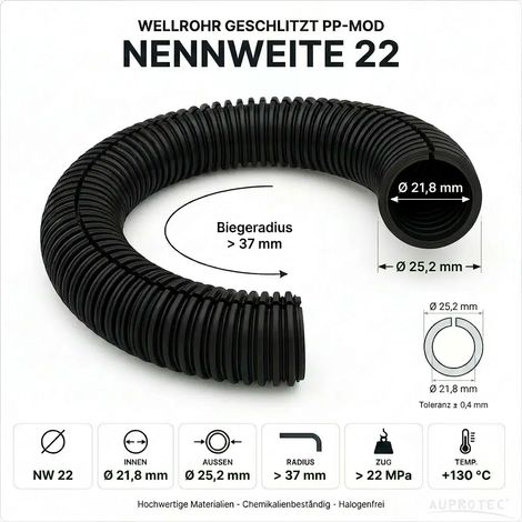 50m PP Wellrohr geschlitzt NW 22 Schwarz Innen-Ø 21,8 mm UV-beständig