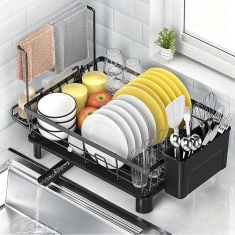 Égouttoir à Vaisselle, Egoutoire Vaisselle Cuisine, Organisateur de Support pour Assiettes Bols Couverts et Torchons, Matériau Antirouille, Drainage 360° Porte-ustensiles Noir (XL-Plus grand) -'XL-Plu (1/5)
