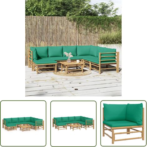 The Living Store 8-tlg. Garten-Lounge-Set mit Grünen Kissen Bambus - Bambus Möbel - Gartenloungeset - Outdoor Möbel - Gartenmöbel - Esstisch (1/5)