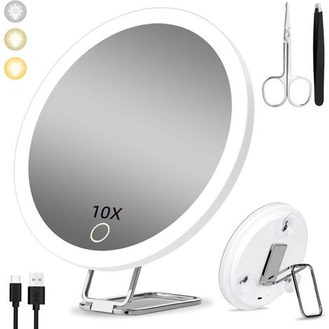 Miroir Grossissant Lumineux 10X, 15cm - 3 Modes de Couleur Dimming, Grand Miroir de Voyage Rechargeable avec 3 Ventouses et Support de Table 360° (1/5)