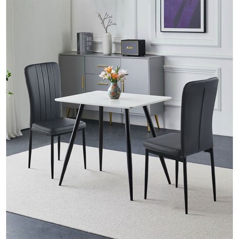 Hallowood Furniture Cullompton Small Dining Table and Chairs Set 2, (0.8m) White Marble Effect Kitchen Table and 2 Chairs Black Faux Leather Upholstery with Metal Legs, Dining Set for Home & Café (1/5)