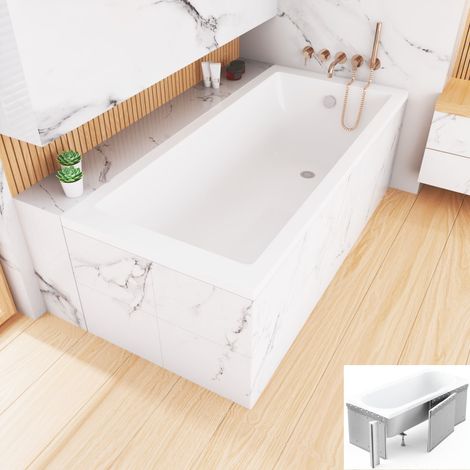 ECOLAM Badewanne Tami 190 x 90 cm + Styroporverkleidung große Wanne für zwei Personen direkt zum Befliesen Rechteck Acrylwanne weiß Ablaufgarnitur Füße Silikon