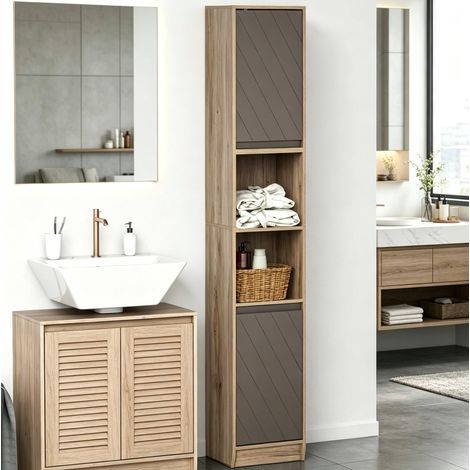 Mobiletto alto e stretto da bagno in MDF e truciolare 170 x 30 x 24 cm grigio e rovere OKWISH (1/5)