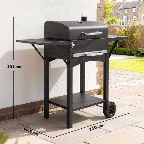 Barbecue à charbon avec couvercle, fumoir avec 2 tablettes latérales, grande surface de cuisson, grille, thermomètre, roulettes (1/5)