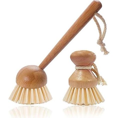 Lot de 2 brosses à vaisselle avec long manche en bois, brosses de nettoyage récurantes pour vaisselle, casseroles, poêles, assiettes, légumes et fruits (1/5)