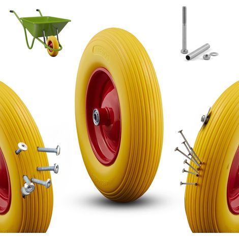 AREBOS Schubkarrenrad PU Vollgummi  Reifen mit Stahlfelge  4.80/4.00-8  Ersatzrad Gummirad mit Achse  Schubkarren Rad  Durchmesser 390 mm  Gelb  / Rot (1/5)
