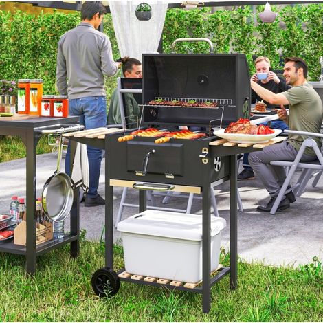 Barbacoa de carbón con carro de acero inoxidable, tapa y termómetro, 112 x 58 x 107 cm (1/5)