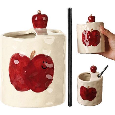 Mug à café original en céramique avec paille, décoré d'un joli graffiti de pomme, cadeau idéal pour les amateurs de café. (1/5)