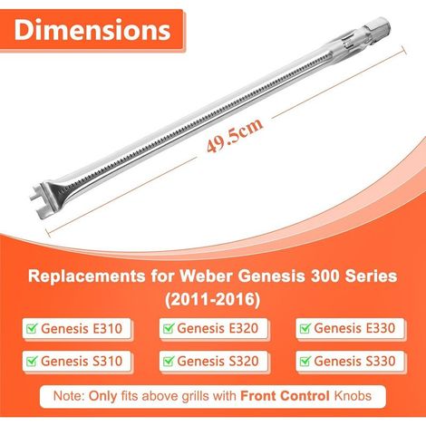 Set mit 4 x 49,5 cm Grillbrennern für Weber Genesis 300, Genesis E330, E320, E310, S310, S320 und S330 Gasgrills mit vorderen Brennerknöpfen, Brenner aus Edelstahl 304 62752 (1/5)