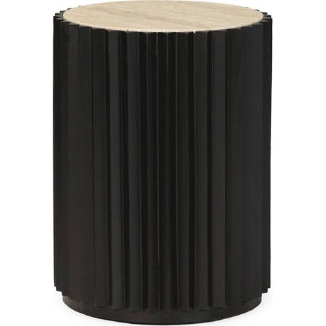 Table d'appoint élégante bois et marbre travertin noir design - noir bois et marbre travertin beige (1/2)