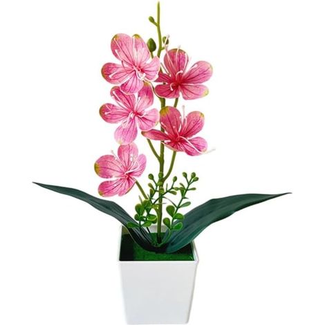 Orchidée phalaenopsis artificielle en pot avec 5 fleurs, faux papillon réaliste dans un pot décoratif, fleur basse en plastique pour la maison, le bureau, le mariage, centre de table (rose) (1/5)