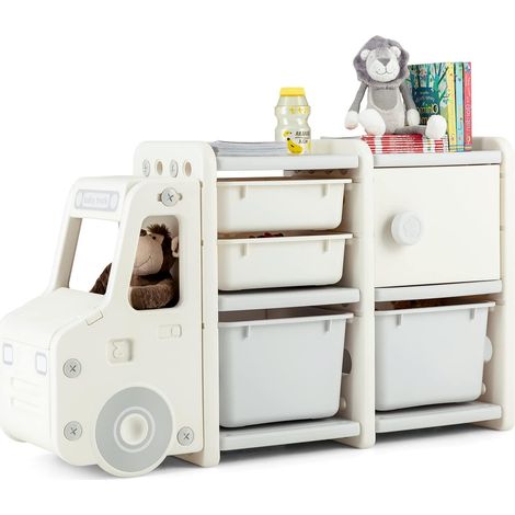 COSTWAY Auto Spielzeugregal, 2Ebenen Kinderregal mit Schubladen und Aufbewahrungsboxen, 110 x 32 x 66 cm (1/5)