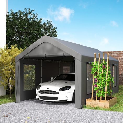 Tente garage carport 3x6m, parois amovibles, 2 portes et 4 fenêtres, gris foncé