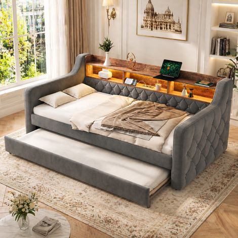 Lit 90x190 cm gris oscuro – con LED, USB-C y almacenamiento, sin colchón (1/5)