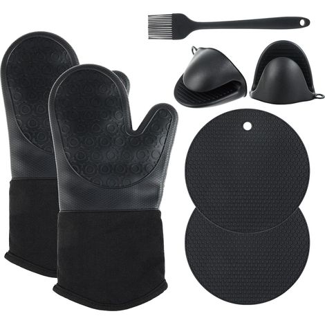 6er-Set Silikon-Ofenhandschuhe, hitzebeständig bis 230 °C, ideal zum Grillen, Backen und für den Backofen, schwarz