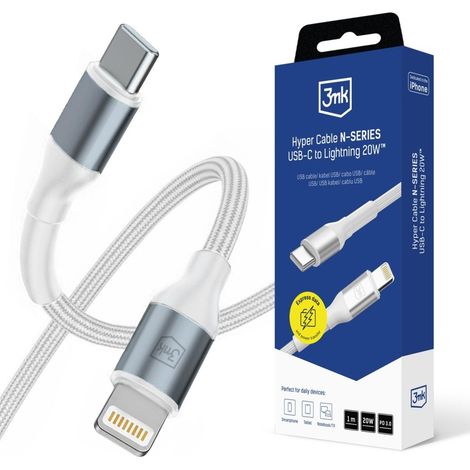 Cavo 3MK Hyper Cable serie N da USB-C a Lightning, 1 m, 9 V/2 A, 20 W, bianco.