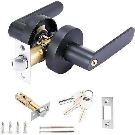 Verrou de Porte D'entrée à Levier Alliage D'aluminium, Garniture de Poignée de Porte avec Serrure et Clé, Taille de Loquet 60 / 70mm, pour Chambre, Cuisine, Noir (1/5)