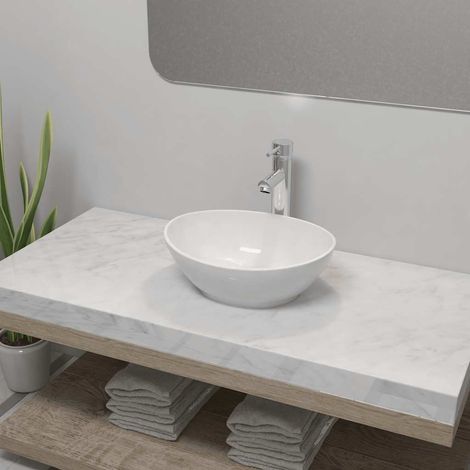Lavabo de salle de bains avec mitigeur, en céramique, ovale, blanc