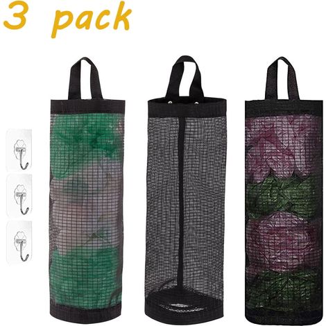 3pcs supports sacs plastique pour sacs d'épicerie polyester,Pliables,respirants lavables,maille,Pour rangement poubelle cuisine,Noir (1/4)