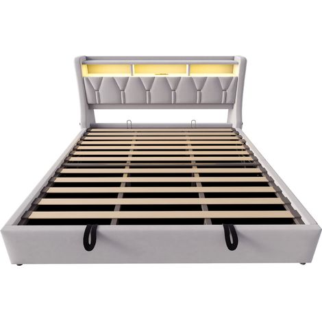 Cama tapizada 180 x 200 cm de terciopelo gris claro con almacenamiento y LED (1/5)