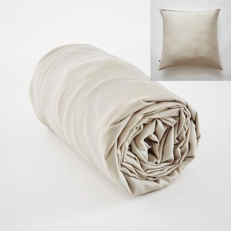 Ensembe drap housse 160 x 200 cm + 2 taies 60 x 60 cm en bambou de satin Salomé Naturel (1/5)