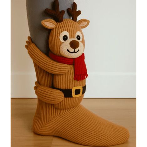 Chaussette De Noël - Tricotée À La Main - Motif Cerf - Décoration Murale Pour Cheminée Arbre De Noël - Taille Adulte - 1 Pièce (1/4)