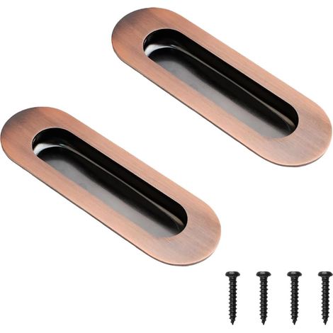 Lot de 2 poignées de meuble, poignées encastrées ovales en acier inoxydable pour porte coulissante, avec vis invisibles, pour tiroir, placard ou armoire (bronze rouge) (1/5)