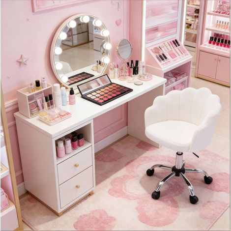 Sedia da ufficio girevole design fiore con altezza regolabile in tessuto bianco crema MODENUIT (1/4)