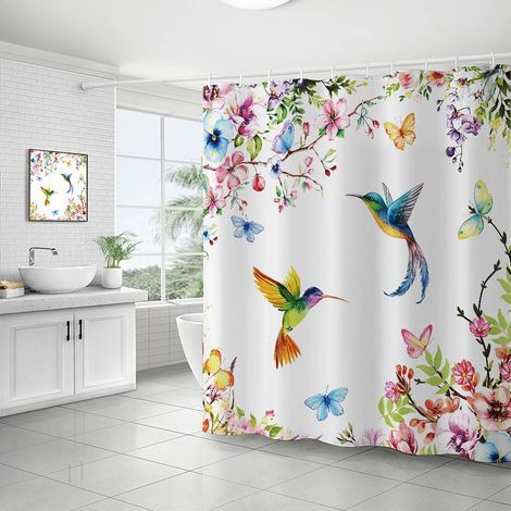 180 x 180 cm Duschvorhang mit Aquarell-Blumen- und Kolibri-Muster für Badezimmer – Polyester-Duschvorhang mit Haken – Rosa