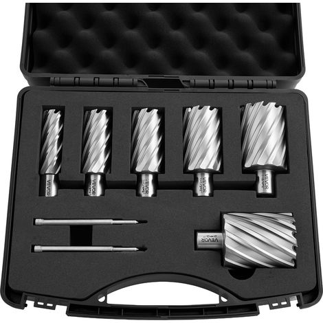 VEVOR Juego de Cortadores Anulares 8 Piezas, Juego de Brocas HSS M2AL de Vástago Weldon, Profundidad de Corte 50,8mm, Diámetro 22,22-50,8 mm, con 2 Pasadores Guía, 6 Cortadores para Taladro Magnetico (1/5)