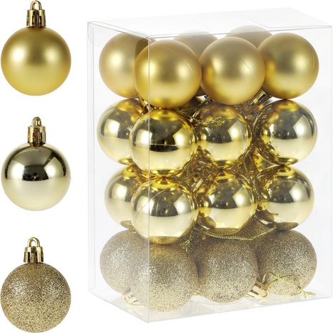 Lot de 24 boules de Noël rouges - 4 cm - En plastique - Incassables - 3 styles et dans de superbes couleurs (doré, 4 cm) (1/5)