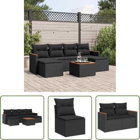 The Living Store Salon de jardin 7 pcs avec coussins noir résine tressée - Ensemble Salon De Jardin - Mobilier Extérieur - Jardin Design - Chaise Lounge - Set Salon (1/5)