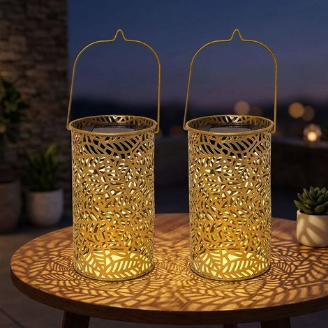 Lampe solaire à LED Effet de lumière Lanterne solaire Motif de feuilles Lampe de jardin solaire, métal doré, LED blanc chaud, DxH 10x18 cm, lot de 2 (1/5)