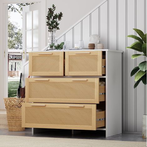 Rattan-Kommode mit 4 Schubladen 80 x 80 x 38 cm aus MDF und Naturholz, Weiß HAVRYA (1/5)