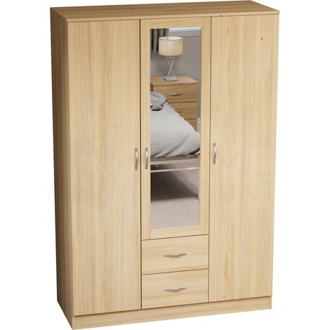 Riano 3 Door 2 Drawer Mirrored Wardrobes With Hanging Rail & Shelves, Pine