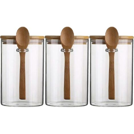 Bocaux de conservation en verre transparent, ronds et hermétiques, avec cuillères. (1/5)