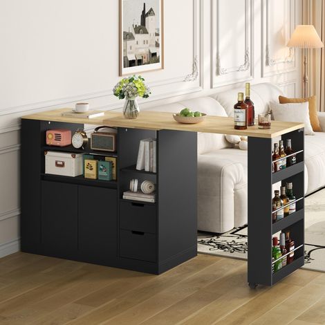 Desserte de cuisine 115 cm – Îlot de cuisine avec trois étagères, 2 tiroirs, bar à café et table extensible en bois - Noir (1/5)