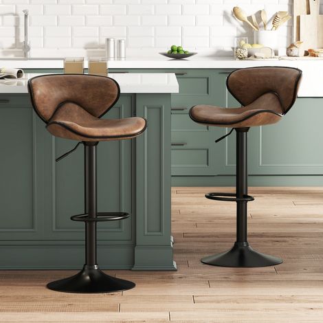 Ensemble de Tabourets de Bar Réglables en Hauteur de 2 Chaises de Bar Rembourrées avec Dossier Cadre en Métal Brun Rustique (1/3)