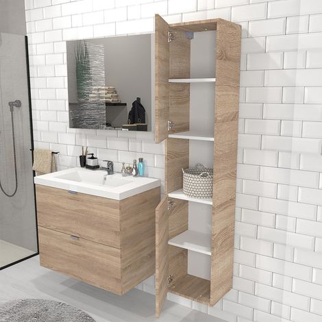 Le Quai Des Affaires – Meuble sous vasque 80 cm avec vasque résine – Miroir et colonne 2 portes – Décor chêne blanchi – 2 tiroirs – Fixation murale